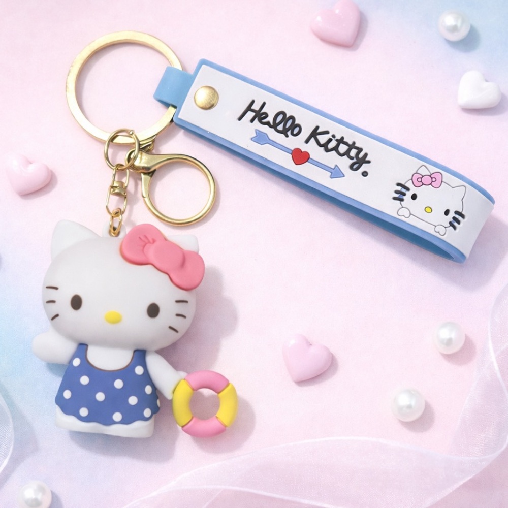 Hello Kitty 3D Keychain Blue Polka Dot Dress Charm Strap 8”L Sanrio Kawaii ✨NWOT